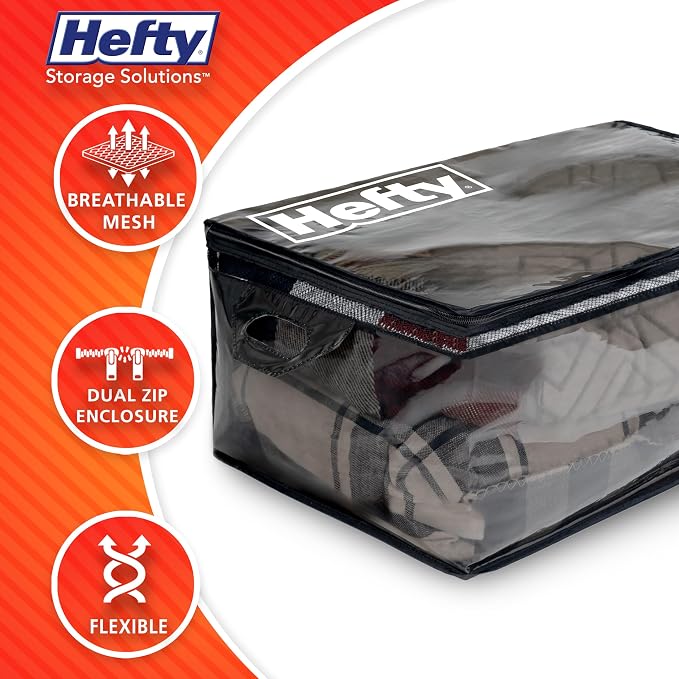 Hefty Storage Bags Extra Large Double Zipper Backpack, Heavy Duty Water Resistant Moving Totes with Shoulder Straps, Foldable Reusable Packing Organizers, 2 Pack (X-Large Black) - Image 3