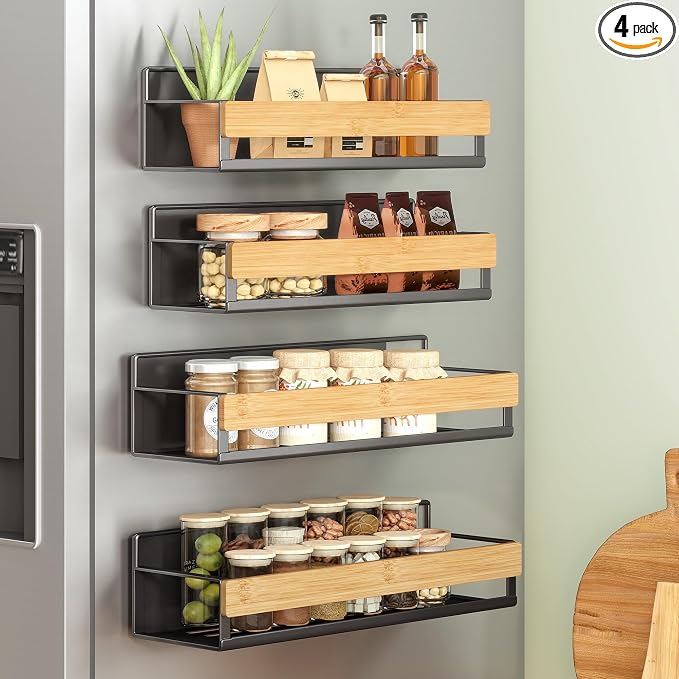 SONGMICS 4-Pack Strong Magnetic Real Bamboo Spice Racks for Fridge | Kitchen Organizer Shelf, 11.8 x 4.1 x 3 / 10.6 x 3.6 x 3 in, Ink Black and Light Bamboo, BYSTRO Collection, UKCS062BH01 by Unknown
