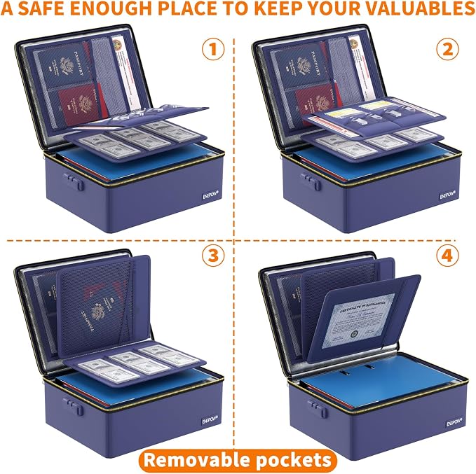 ENGPOW Fireproof Document Box with Lock & Heat-Resistant Fireproof Zipper | 6400°F 12-Layer Fire Protection, Hard File Organizer with Pockets, Portable Home Chest Safe Storage for Money,Jewelry, Blue - Image 5