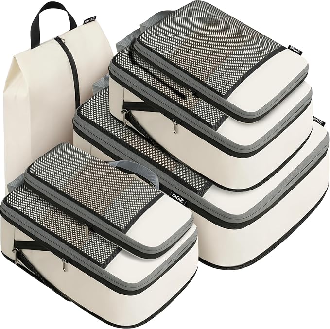 BAGAIL 4 Set/6 Set/8 Set Compression Packing Cubes Travel Accessories Expandable Packing Organizers (Half Mesh, 6-Beige) by BAGAIL