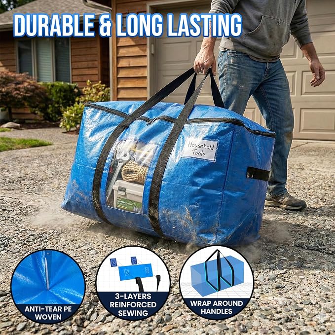 TAILI 12 Pack Blue Extra Large Moving Bags,Storage Bags with Visible Window | 93L Heavy Duty Totes For Home Storage,Wrap Around Handles,Alternative to Moving Boxes, College Dorm,Perfect for Moving - Image 3