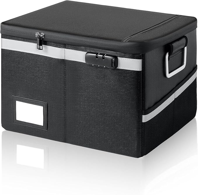Fireproof Waterproof Document Box with Lock Collapsible Portable File Organizer Hard Shell Storage for Hanging Letter Legal Folders Home Office Safe Black 15.7x11.2x10.2in by Ekunivers