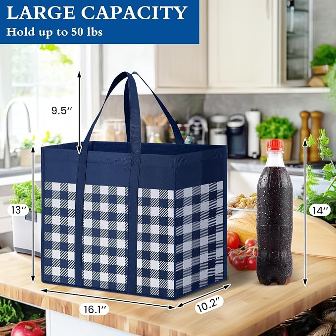 Reusable Grocery Shopping Bags 10 Pack Large Foldable Tote Bags Bulk | Eco Produce Bags with Long Handle for Shopping Groceries Clothes (Plaid A) - Image 4