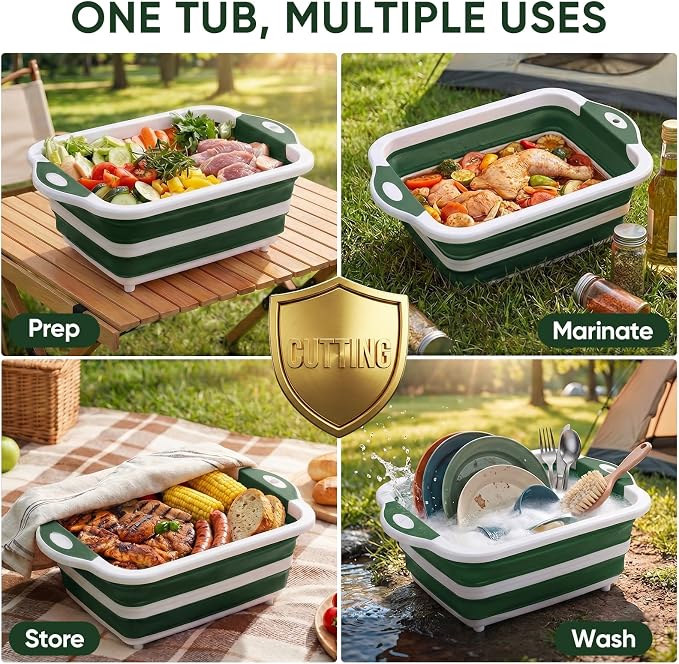 Collapsible BBQ Prep Tub with Lid, Foldable Camping Sink with Colander, Cutting Board, Dish Basin for Kitchen, Bowl, Vegetable and Fruit, Storage Basket for Picnic-Green - Image 5