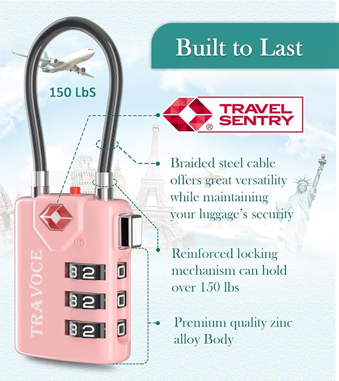 TSA Approved Luggage Locks, Combination Cable Locks, 2 Pack, Pink | Search Alert shows TSA key access; resettable 3-digit code and flexible braided steel cable for suitcases and backpacks. - Image 5