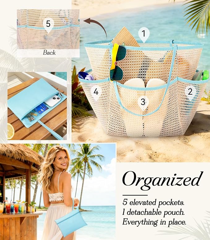 Cruise Essentials Beach Bag for Women, Mesh Tote with Detachable Pouch | Chic Design - Image 5