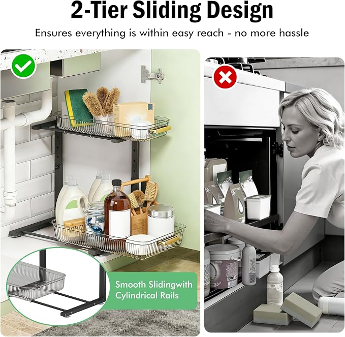 ARSTPEOE Under Sink Organizer - 2 Pack Multi-Purpose Pull-Out Storage Shelf | Slide out Pull out Cabinet Organizer Shelf, Storage for Kitchen Bathroom, Clear - Image 4