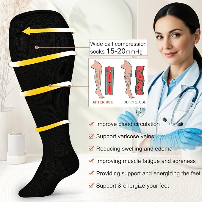 Diu Life 3 Pairs Plus Size Compression Socks for Women and Men Wide Calf Extra Knee High Support for Circulation - Image 3