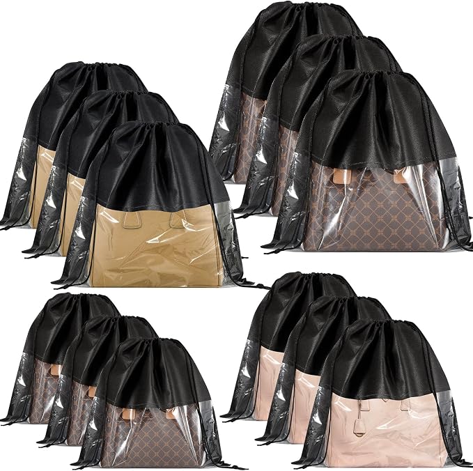 12Pcs Shoe Bags for Travel, Dust Bags for Handbags in 4 Size, Black | Dustproof Drawstring Bags, Breathable Non Woven Fabric Storage Bag for Handbags Shoes Purses by Unknown