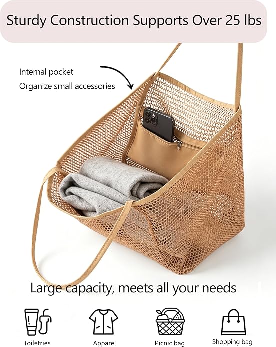 Beach Bag, Mesh Tote Bag for Women, Pool Bag for Travel, Shoulder Bag for Beach Picnic, Hobo Women Casual Foldable Handbag - Image 4