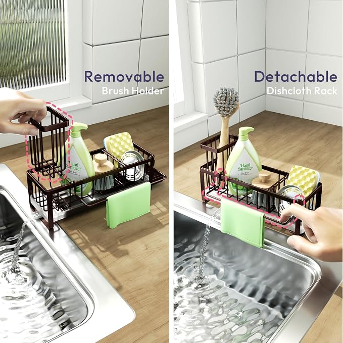 SWTYMIKI Sponge Holder for Kitchen Sink - Sink Caddy with Brush Holder Self-draining Sponge Caddy Organizer with Divider Stainless Steel Kitchen Accessories Storage for Countertop, Bronze - Image 3
