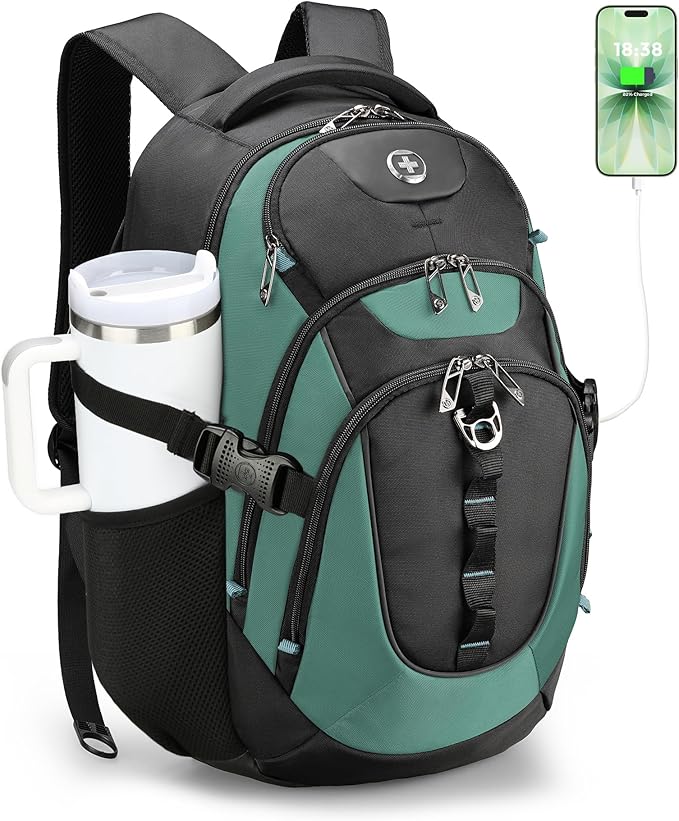Swissdigital Design Laptop Backpack with USB Charging Port, Travel Backpack Fits 15.6 inches Computer, 31L College School Backpack for Men, Lake Green/Black | SD803-27 by SwissdigitalDesign