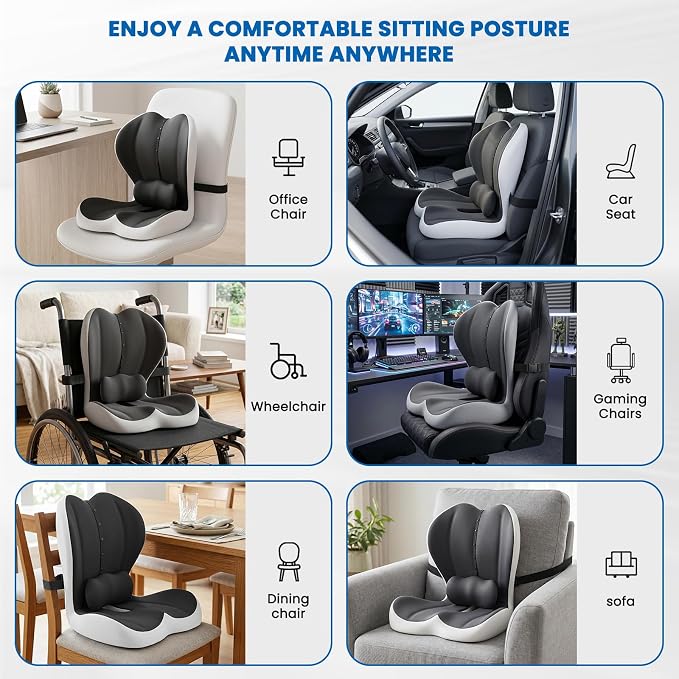 Large Car Seat Cushion with Lumbar Support Pillow for Long Sitting | Hollow Design for Coccyx, Reducing Sciatica Pressure, Tailbone & Lower Back Comfort, Memory Foam Cushion, Non-Slip for Chair - Image 9