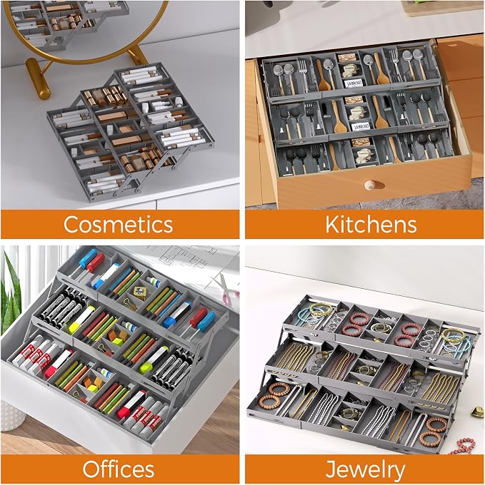 3 Tier Drawer Organizer Versatile Expandable Junk Drawer Organizer Grey | Multi-level Desk Organizer for Makeup, Jewelry, Cosmetics, Kitchen Storage, Smart Office Supply Drawer Storage for Gifts - Image 7