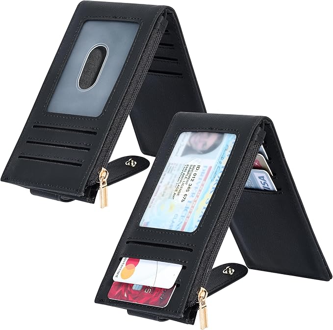 Chelmon Women's RFID Slim Card Holder Wallet | Thin Bifold Multi Card Case with Zipper Coin Pocket Purse for Women(Black Smooth) - Image 2