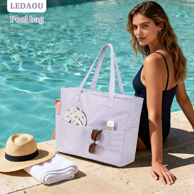 LEDAOU Large Beach Bag for Women, Waterproof Sandproof Tote Bag with Zipper | 36L Pool and Swim bag with Zipper, Wet/Dry pocket and 7 Pockets for Beach Days, Cruises, Vacations and Family travel - Image 5