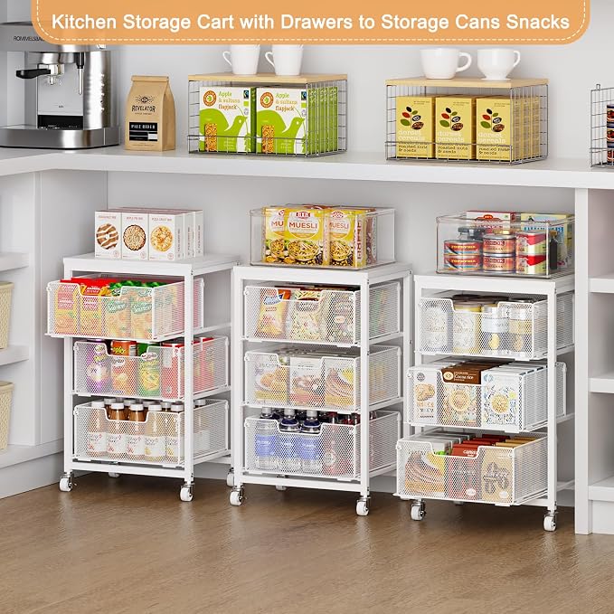 Kitchen Cart with Storage, 3-Tier Pantry Organizer and Storage Cart with Drawer, Fruit Vegetable Storage Cart with Wheels, Wooden Top Metal Wire Kitchen Organizer Rack Stand for Snack Onion Potato - Image 5