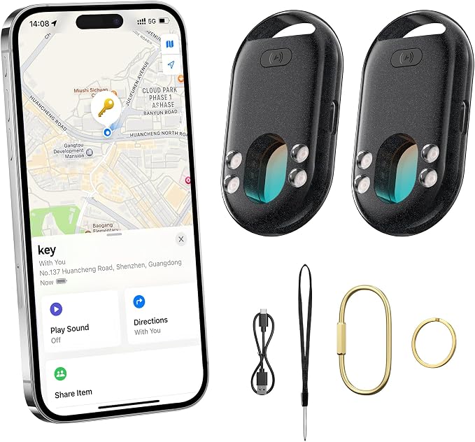 TECKNET [MFi Certified] Air Tracker Tags, Rechargeable Bluetooth Tracker | 3-in-1 Find My Tracker 2 Pack (iOS Only), 100dB Alarm & IR Lens Finder, IP67 Waterproof, Item Locator for Key Luggage Wallet by Tecknet