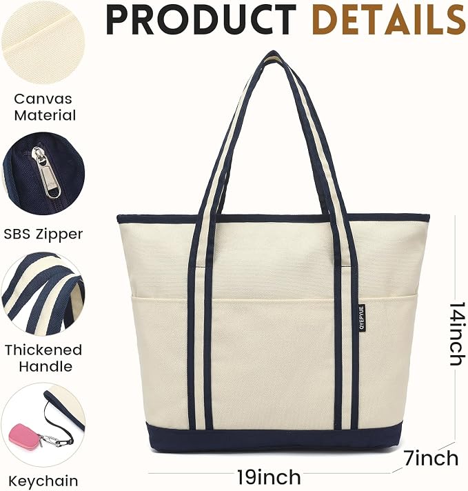 Large Canvas Tote Bag for Women, Beach Bag with Zipper, Utility Tote Bag with 3 Front Pockets, Weekender Pool Bag - Image 6
