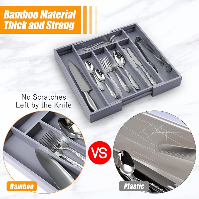 Kitchen Silverware Drawer Organizer and Storage Bamboo Wood Cooking Utensil Holder Cutlery Knife Jewelry Spice Rack Spoon Fork Multi Cabinet Organization Bathroom Counter Expandable Adjustable Tray - Image 2