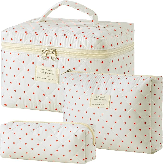 HBselect Quilted Makeup Bag, 3Pcs Cotton Large Travel Makeup Bags Organizer | Cute Floral Make up Bag Cosmetic Bag Toiletry Bag for Women Girls, Makeup Pouch for Skincare, Brushes & Travel Essentials by HBselect