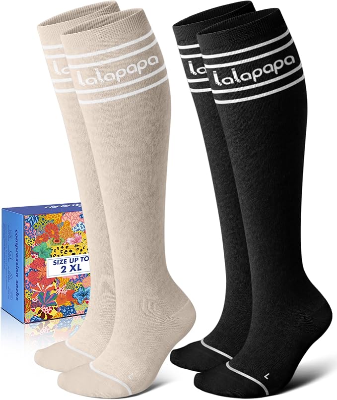 Thick Soft Cotton Compression Socks | 2 Pairs 15-20mmHg Cushioned Soft Breathable Comfortable Knee High Compression Socks for Women Men, Pregnancy Travel Nurse by Lalapapa
