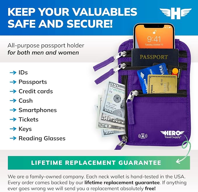 HERO Neck Wallet - RFID Blocking Passport Holder, Easy to Conceal Travel Pouch (Purple) - Image 3