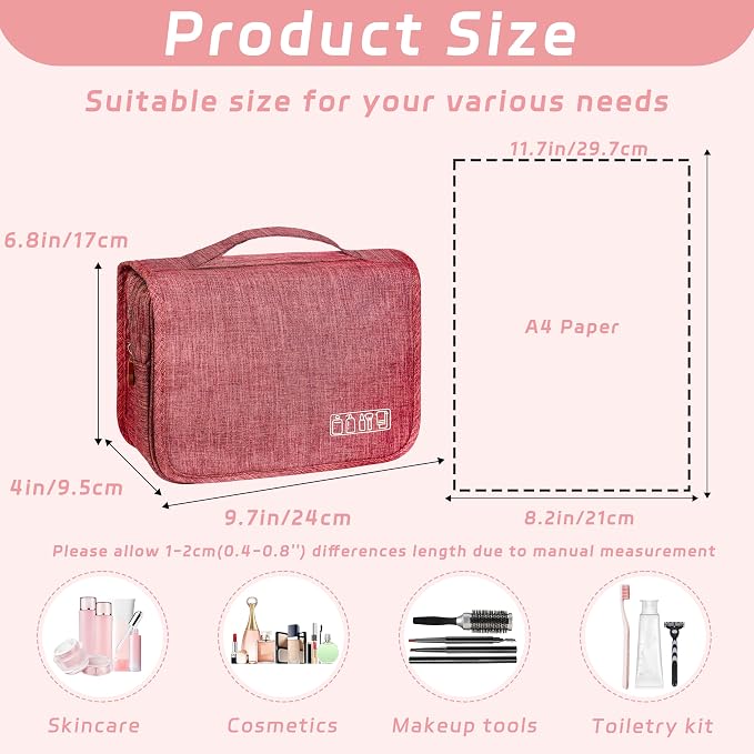 Toiletry Bag Travel Bag with Hanging Hook for Women and Men,Red | Waterproof Small Capacity Hanging Multifunctional Makeup Bag for Toiletries, Portable Cosmetic Bag Travel Organizer - Image 2
