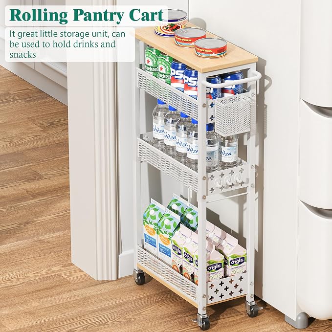 XYZLVSI Slim Rolling Storage Cart, 4 Tier Narrow Shelf for Small Spaces | Skinny rolling cart 14.4" bottom shelf, wire basket, hooks, ideal for kitchen/bathroom/dorm, between washer and dryer storage - Image 7