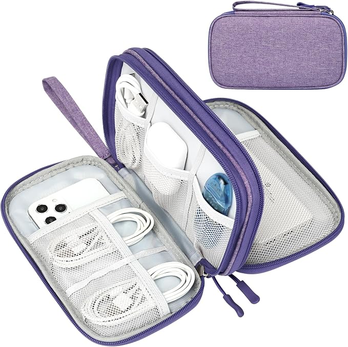 FYY Electronic Organizer, Travel Tech Pouch Bag, Medium, Dark Purple | Wrist Strap, Waterproof, Double Layers Portable Electronics Travel Carrying Case for Cord, Charger, Daily Business Trips Use by FYY