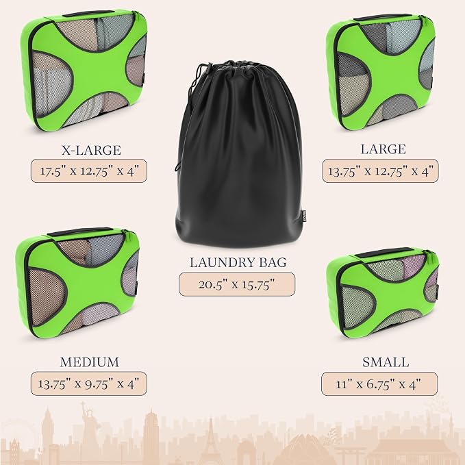 Shacke 5 Set Packing Cubes for Travel with Laundry Bag (Green Grass) | Suitcase Organizer Bags Set: 4 Water-Resistant Luggage Cubes, XL to Small, + Laundry Bag for Carry-On or Checked - Image 4