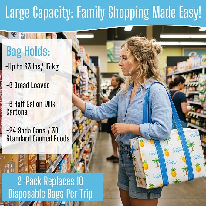 VENO 2 Pack Utility Tote Reusable Grocery Bags with Zipper & Hard Bottom | Heavy Duty Foldable Water-Resistant Shopping Bags for Summer Beach, Pool, Picnic & Travel Carry-on (Tropical Island, 2 Pack) - Image 4