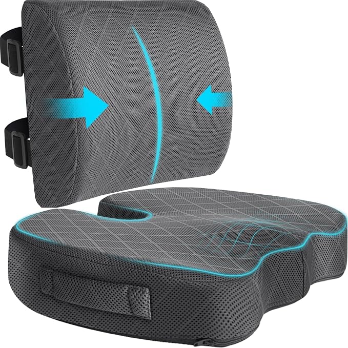 Back&Seat Cushion, Chair Cushions, Lumbar Back Support Pillow, Grey/X-Large | Breathable Memory Foam Back Support Pillow, Portable Airplane Seat Cushion for Travel, Computer Desk, Wheelchair, Driving by TushGuardSeatCushonsPillows