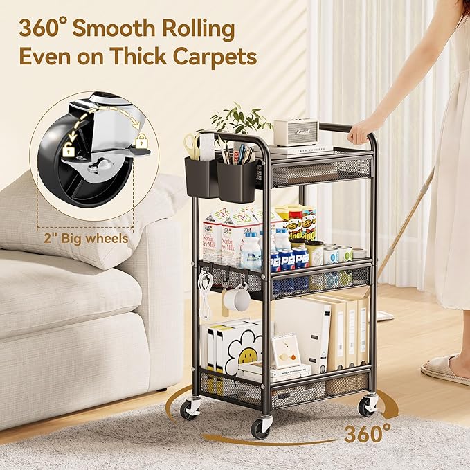 3 Tier Metal Rolling Cart, Black Utility Storage Cart with Wheels | Metal Mesh Craft Cart With Hooks & Hanging Cups, Ideal For Kitchen, Bathroom, Office, Dorm, Art Workspace, Bedside Storage - Image 5