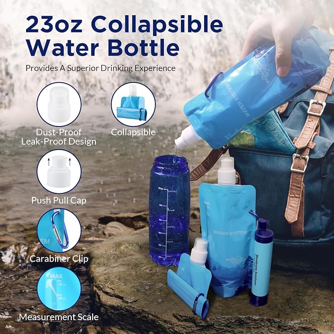 Membrane Solutions Collapsible Water Bottle 23oz with Carabiner | Foldable Pounch Water Filtration System, BPA-Free, Leakproof for Camping Hiking Cycling Yoga Sports Outdoor Essentials - Image 5