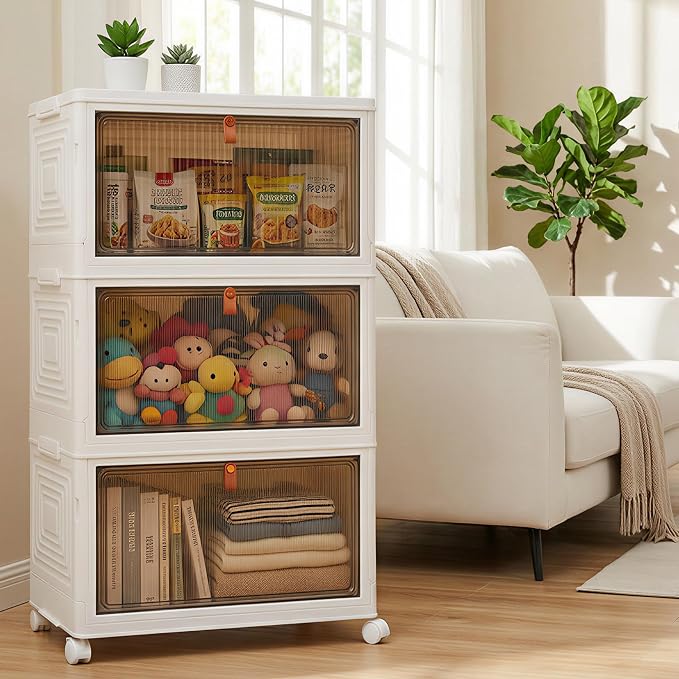 LDQ Storage Bins with Lids, 3 Tier 69QT Stackable Storage Cabinet, Foldable Closet Organizer with Doors & Wheels, Plastic Storage Drawers for Bedroom, Living Room, Bathroom - Image 4