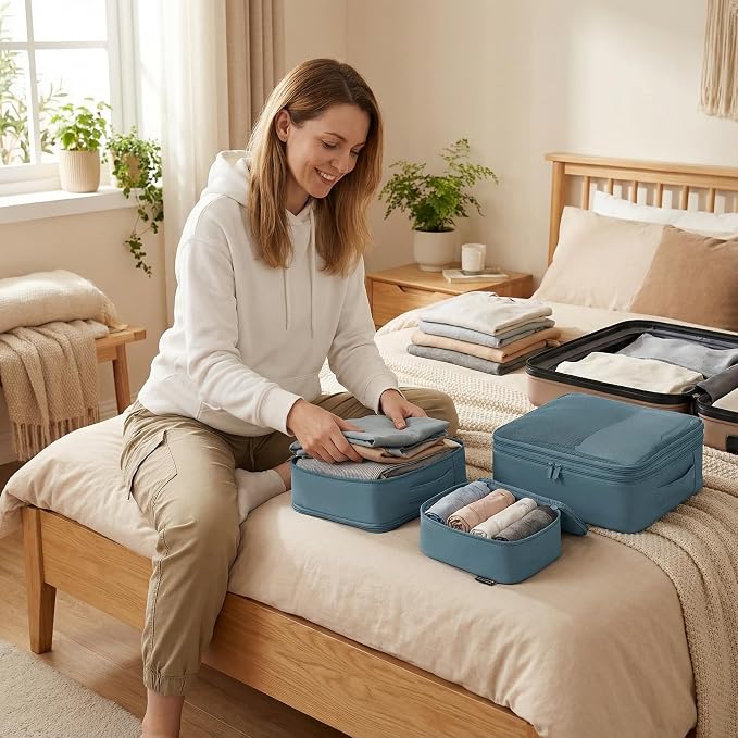 4 Piece Compression Packing Cubes for 3–7 Day Travel, Gray Blue | Wrinkle-Resistant Memory Fabric, Breathable Mesh Panel, Double-Zipper, Small to Large Size Bag, Smart Organization - Image 9