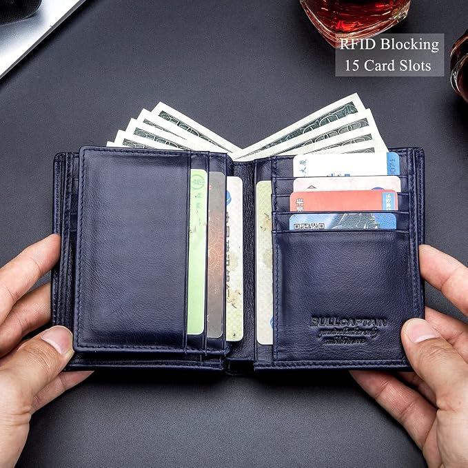 BULLCAPTAIN Large Capacity Genuine Leather Wallet for Men QB-027 | Bifold Wallet,RFID Blocking,Credit Card Holder,15 Card Slots,Special Expandable Design,gift choice - Image 4