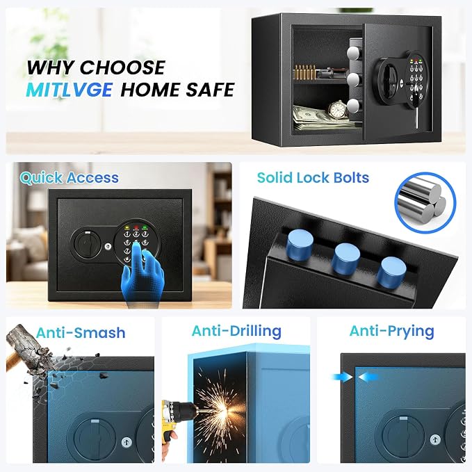 9.84'' Tall Small Safe Box, Home Safes with Removable Shelf | Fireproof Bag, Keys & Pass Code,Mini Fireproof Security Safe with Smart Alert and Wall Mount Kits for Money,Jewelry,Documents - Image 2