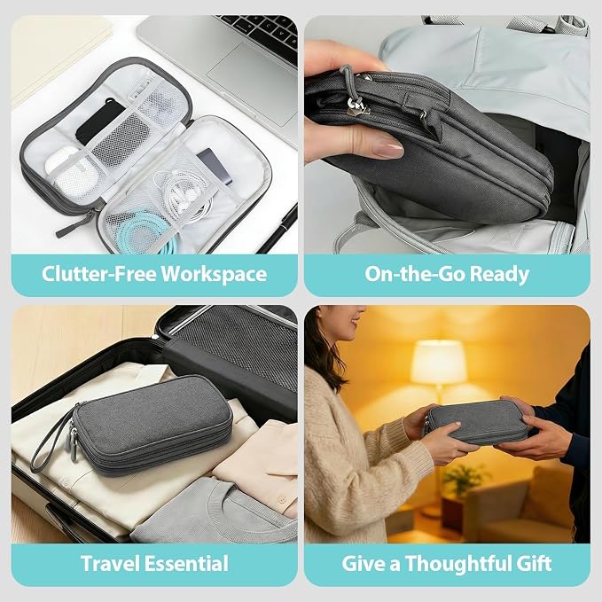 Double Layer Cable Organizer Bag, Travel Tech Pouch, Dark Gray | Water-resistant Oxford fabric with 8 compartments and padded lining for charger protection. Includes 8 cable ties. - Image 6