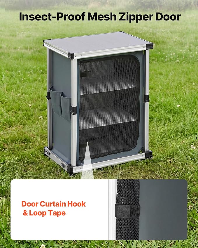 VEVOR Folding Camping Storage Cabinet, Outdoor Portable Aluminum Lightweight Table, Quick Set-up Compact Kitchen Cook Station, with 3 Shelves and Carry Bag, for Picnic, BBQ, Camping, RV Traveling - Image 6