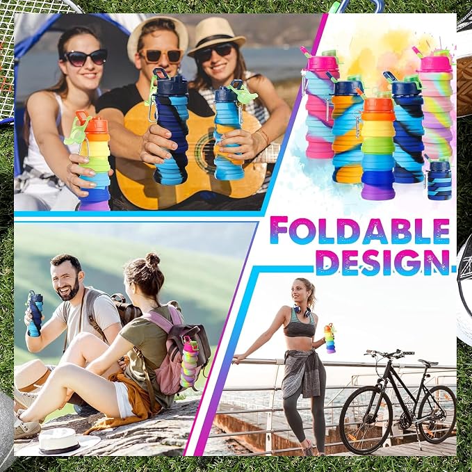 5 Pack Collapsible Water Bottles 17 oz Silicone Portable Lightweight Foldable Water Bottle with Carabiner Leakproof Reusable for Travel Camping Hiking Cycling Sport Outdoor(Rainbow) - Image 7