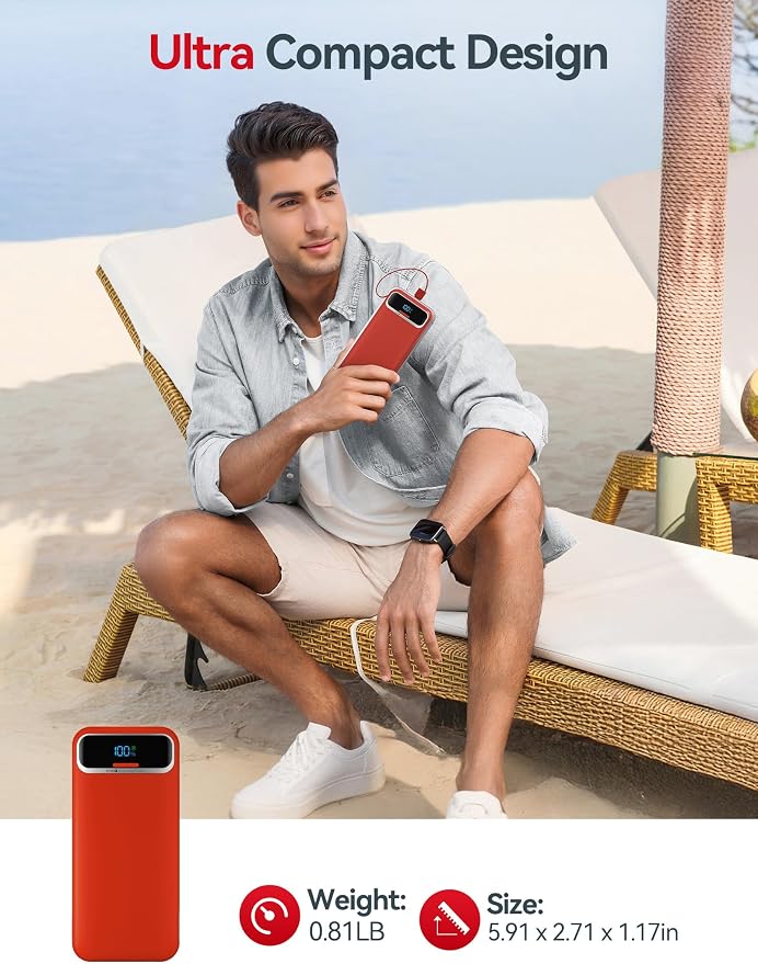 aonidi Portable Charger 20000mAh with Built-in Cables&AC Wall Plug, Red | PD20W Fast Charging,Travel Essential,TSA Approved,LED Display,All in One USB C Power Bank for All Cell Phones Devices - Image 8