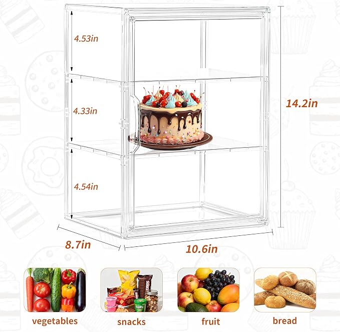 Bread Box for Kitchen Countertop,3 Layers Pastry Display Case, 1 Pack | Adjustable Shelves, Magnetic Door, Clear Acrylic Display, Easy Assembly, Stable Design, for Bread, Cookies, Cakes & Pastries - Image 2