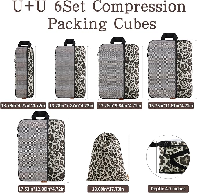 U+U 6 Set Compression Packing Cubes, Travel Organizers (Leopard) | Space-Saving & Drawstring Bag Included - Image 3
