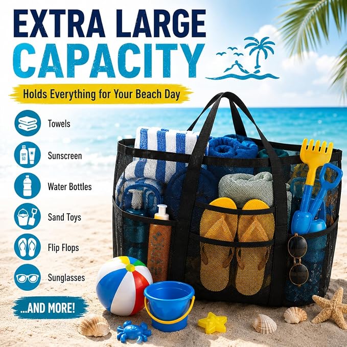 SRISE Mesh Beach Bag - Large Beach Tote Bag for Family Beach Bag for Toys & Vacation Essentials - Image 4