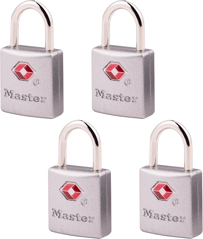 Master Lock TSA Luggage Lock Keyed Alike, Brass and Nickel, 4-Pack 4683Q | TSA Accepted Luggage Lock For Suitcases, Backpacks, Travel Bags, Airport Security, Brass, 7/8-inch Long Steel Shackle by Unknown