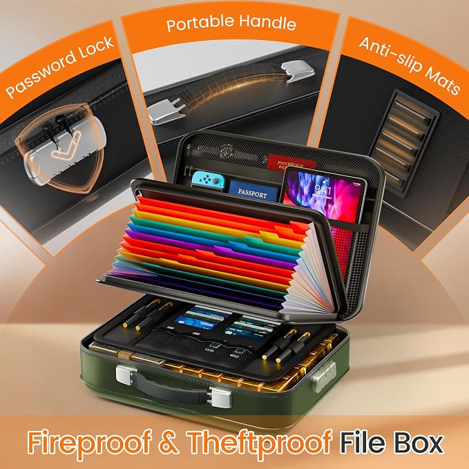 Fireproof Document Box with Lock, 5200°F Fireproof Water Resistant Hard Case File Organizer Safe Box for Important Documents, Certificates, Laptop, Passports (Green) - Image 4