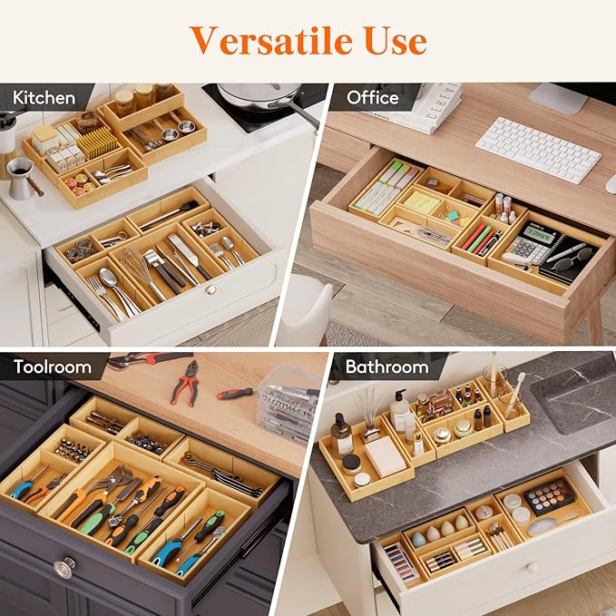 Lifewit Drawer Organizers 5 Pack(11 Grid) with 6 Inserts | Adjustable Bamboo Wooden Trays for Utensils, Silverware, Makeup, Kitchen, Bathroom, Office, Vanity Storage - Image 6