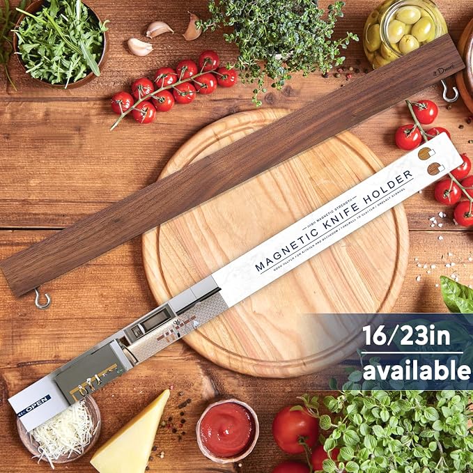 Dmore magnetic knife holder for wall—with 2 hooks, No Drilling 23 Inch walnut knife magnetic strip, Powerful knife magnet rack, include Adhesive Tape and screws for Knives, Utensils, and Tools - Image 2